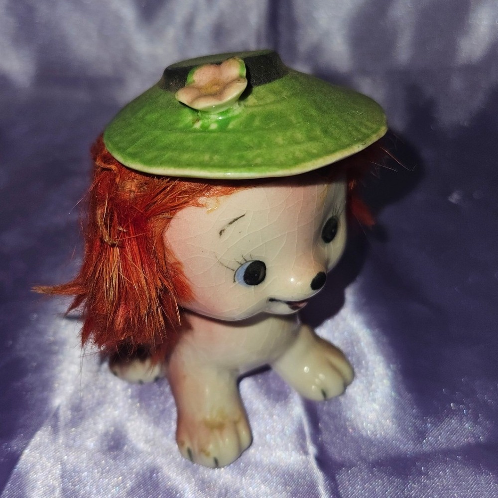Vintage Mid Century Ceramic Dog Figurine with Green Hat and Orange Faux Fur Hair
